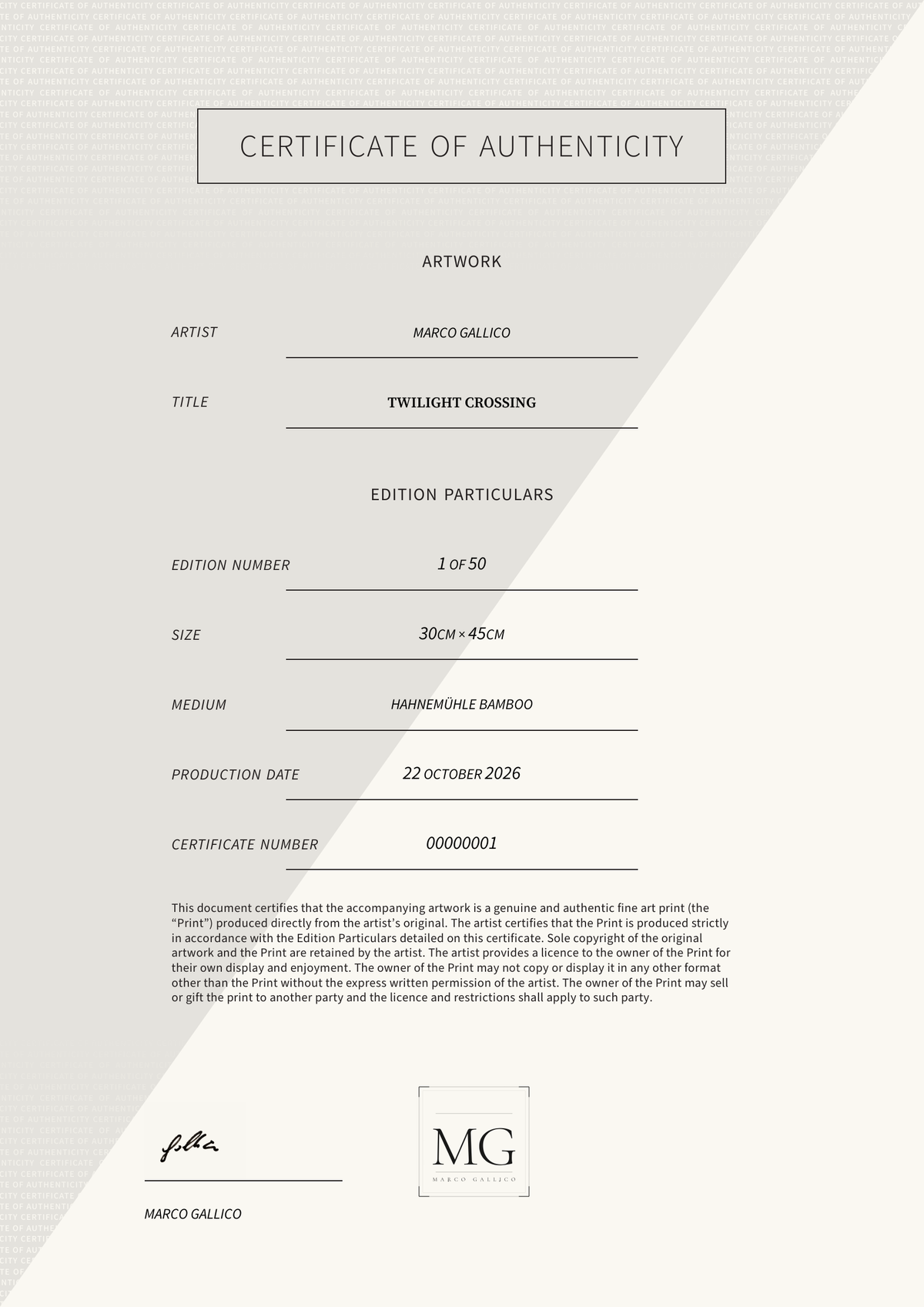 Twilight Crossing — Certificate of Authenticity