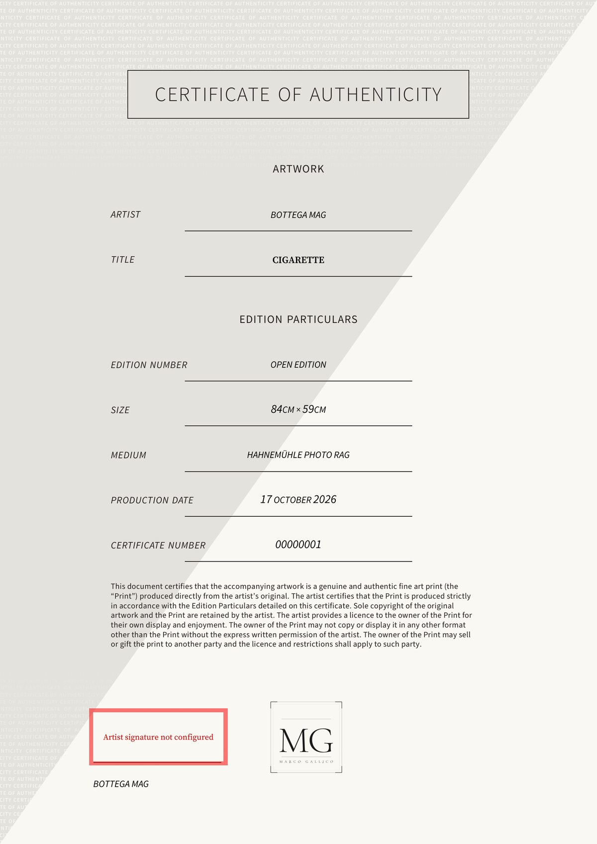 Cigarette — Certificate of Authenticity