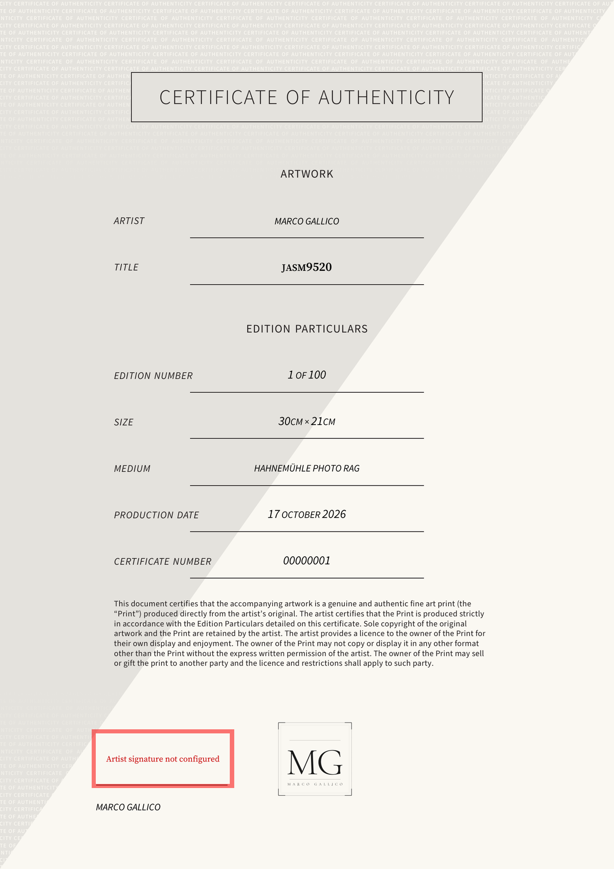 JASM9520 — Certificate of Authenticity
