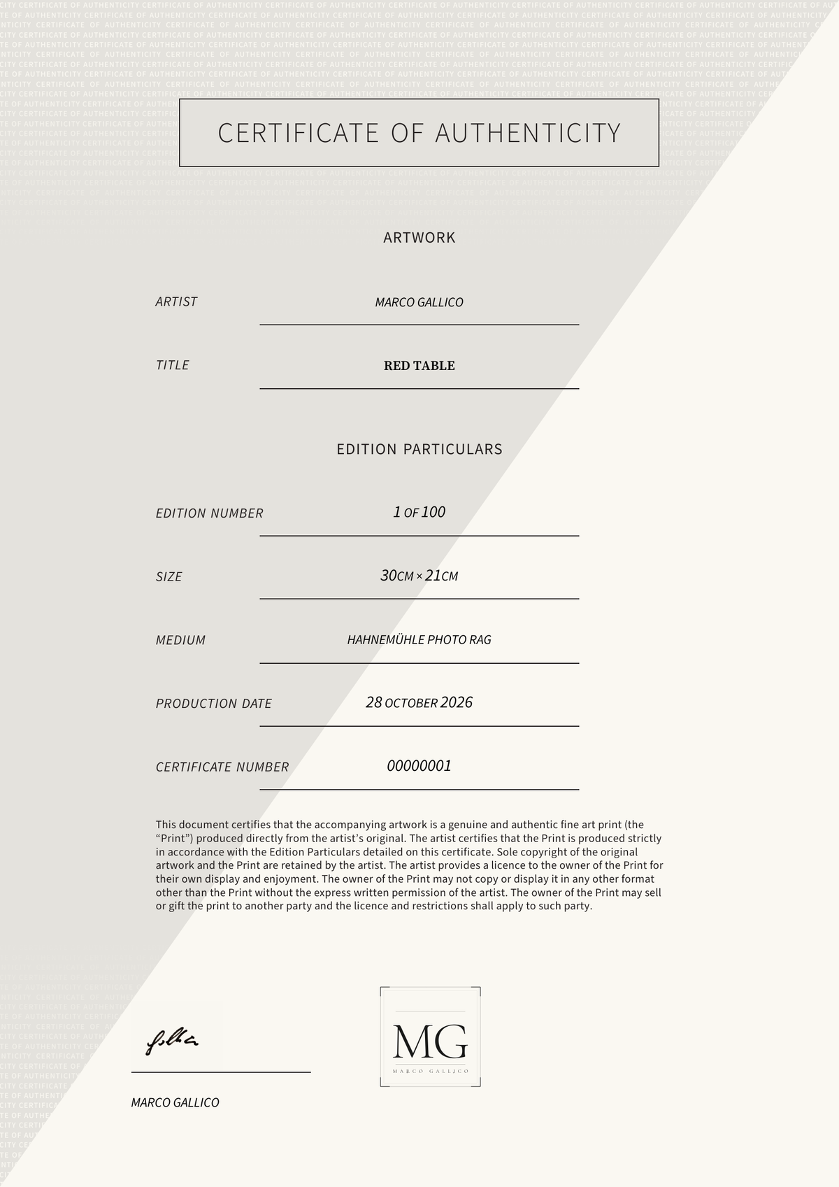 Red table — Certificate of Authenticity